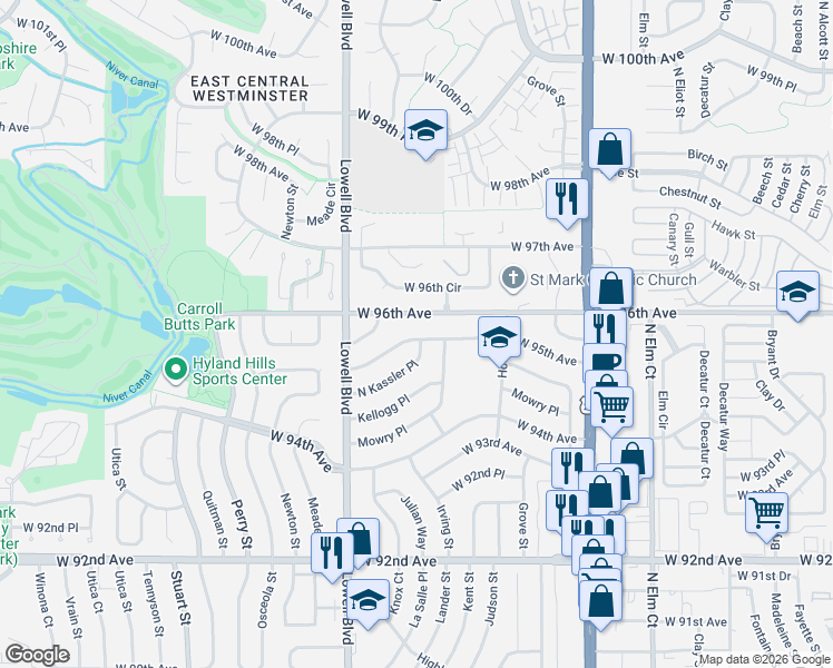 map of restaurants, bars, coffee shops, grocery stores, and more near 3440 West 95th Avenue in Westminster