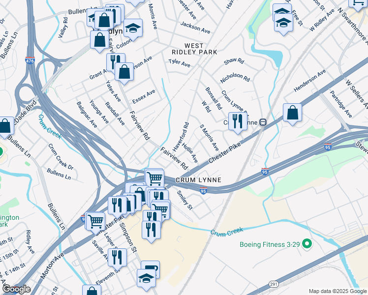 map of restaurants, bars, coffee shops, grocery stores, and more near 1200a Holland Street in Crum Lynne