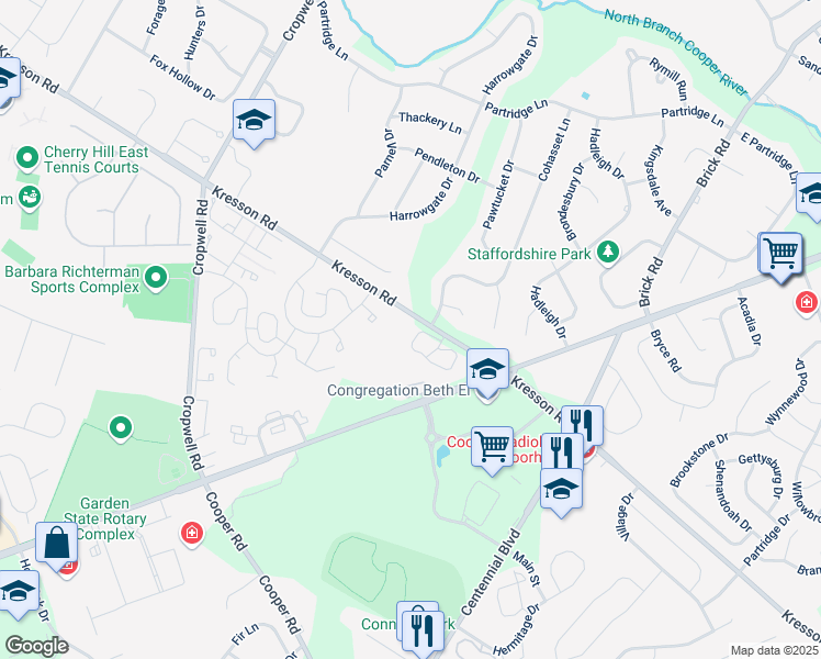 map of restaurants, bars, coffee shops, grocery stores, and more near 202 The Woods in Cherry Hill