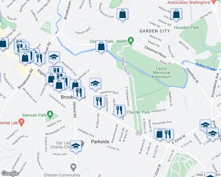 map of restaurants, bars, coffee shops, grocery stores, and more near 202 East Roland Road in Brookhaven