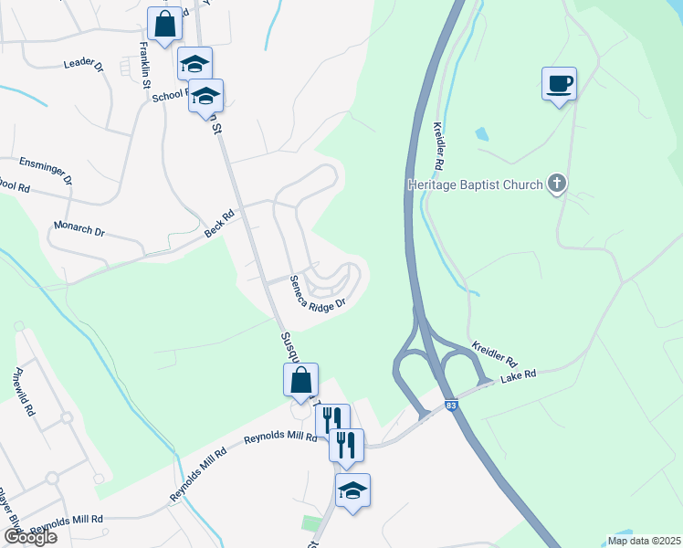 map of restaurants, bars, coffee shops, grocery stores, and more near 7247 North Sentinel Lane in York