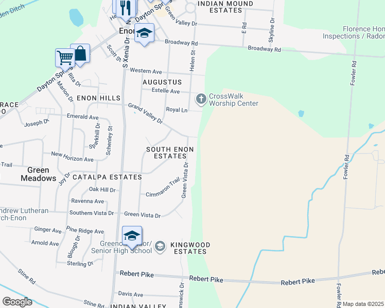 map of restaurants, bars, coffee shops, grocery stores, and more near 411 Green Vista Drive in Enon
