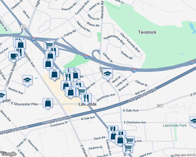 map of restaurants, bars, coffee shops, grocery stores, and more near 16 West Emlen Avenue in Lawnside