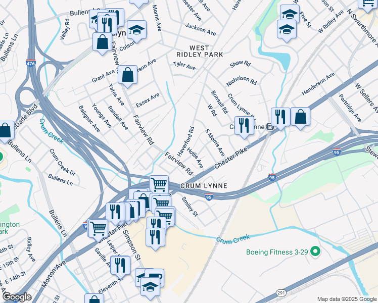 map of restaurants, bars, coffee shops, grocery stores, and more near 1200a Holland Street in Crum Lynne