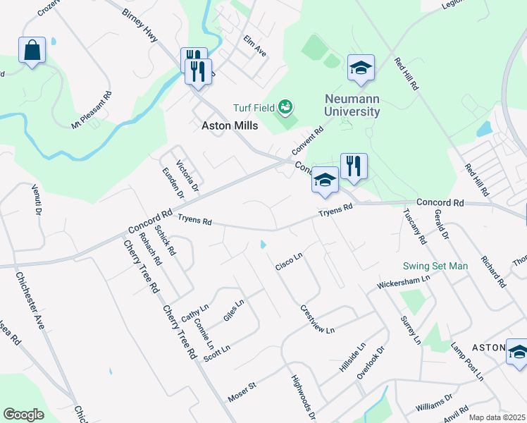 map of restaurants, bars, coffee shops, grocery stores, and more near 9 Sunnybank Ln in Aston