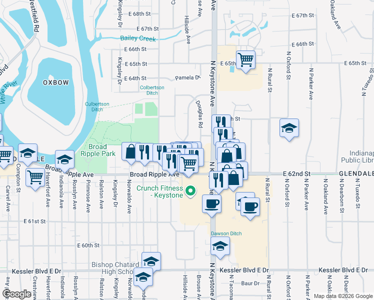 map of restaurants, bars, coffee shops, grocery stores, and more near 6250 Mckinley Court in Indianapolis
