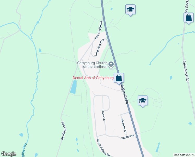 map of restaurants, bars, coffee shops, grocery stores, and more near 2806 Meadow Dr in Gettysburg