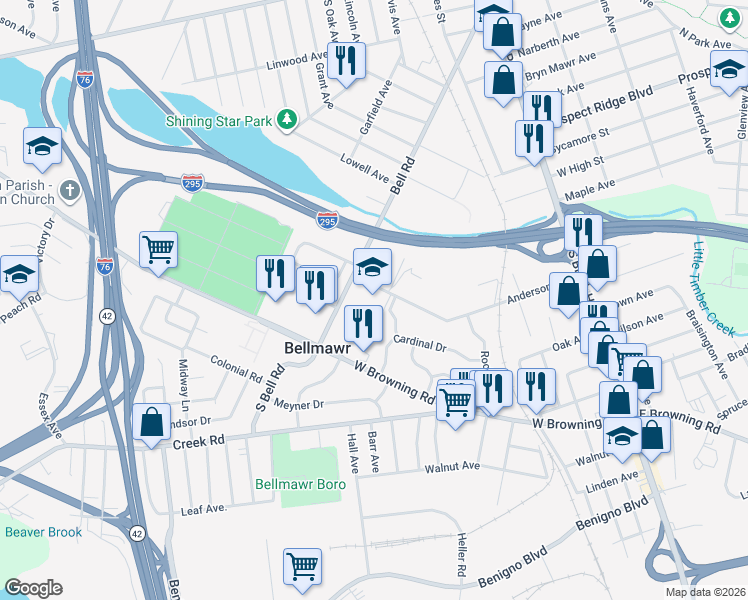 map of restaurants, bars, coffee shops, grocery stores, and more near 256 Anderson Avenue in Bellmawr