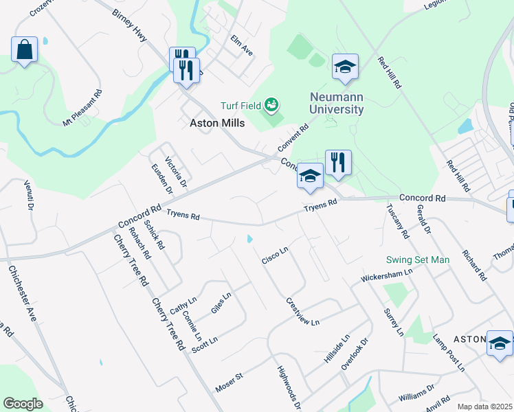 map of restaurants, bars, coffee shops, grocery stores, and more near 9 Sunnybank Ln in Aston