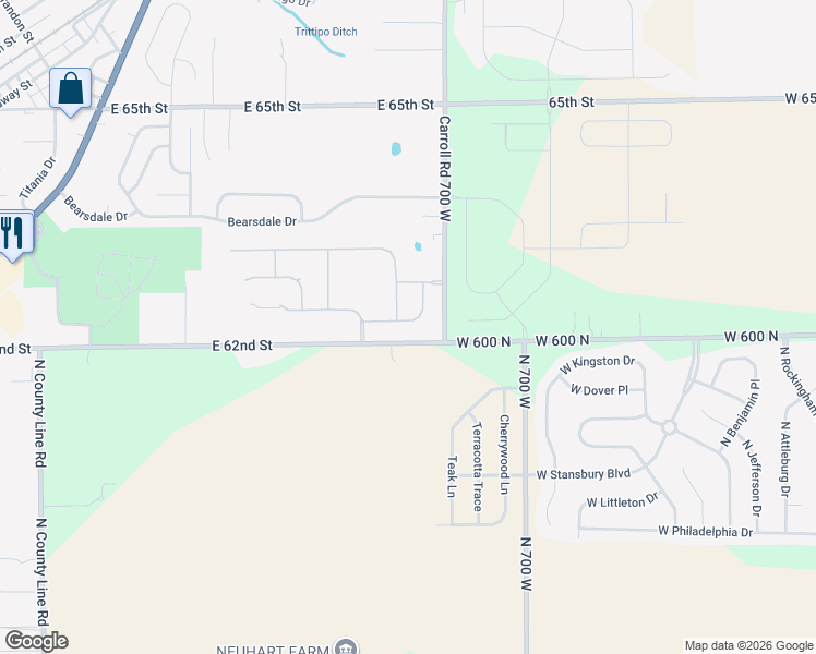 map of restaurants, bars, coffee shops, grocery stores, and more near 12717 White Rabbit Drive in Indianapolis