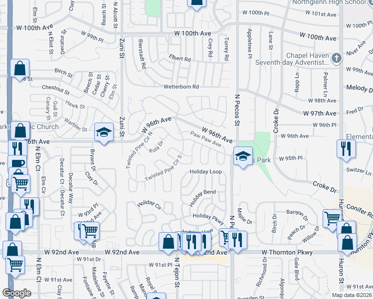 map of restaurants, bars, coffee shops, grocery stores, and more near 1661-1719 Twisted Pine Circle South in Thornton