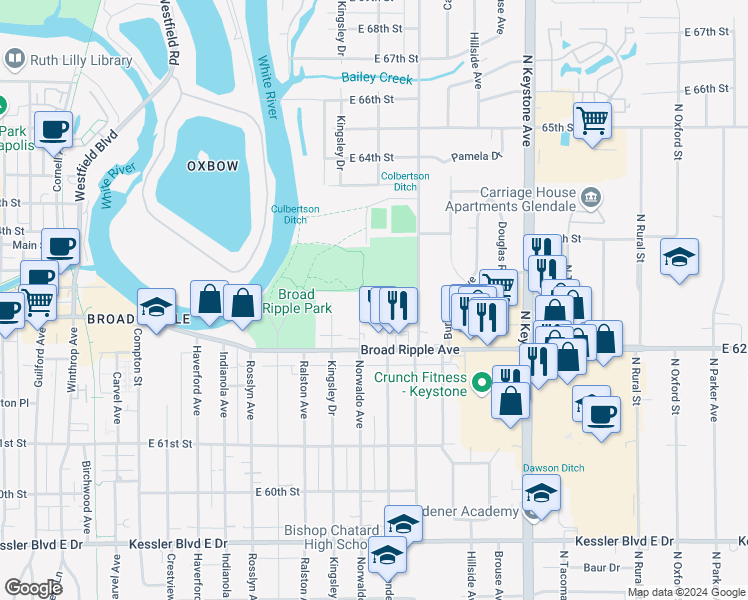 map of restaurants, bars, coffee shops, grocery stores, and more near 6240 Crittenden Avenue in Indianapolis