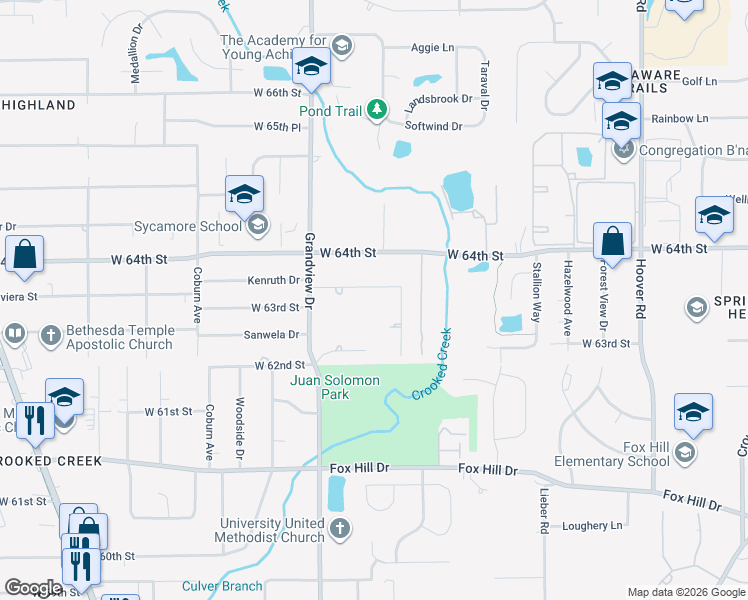 map of restaurants, bars, coffee shops, grocery stores, and more near 6340 Wood Knoll Lane in Indianapolis