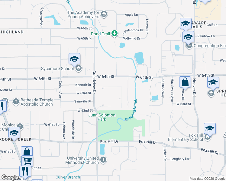 map of restaurants, bars, coffee shops, grocery stores, and more near 6340 Wood Knoll Lane in Indianapolis