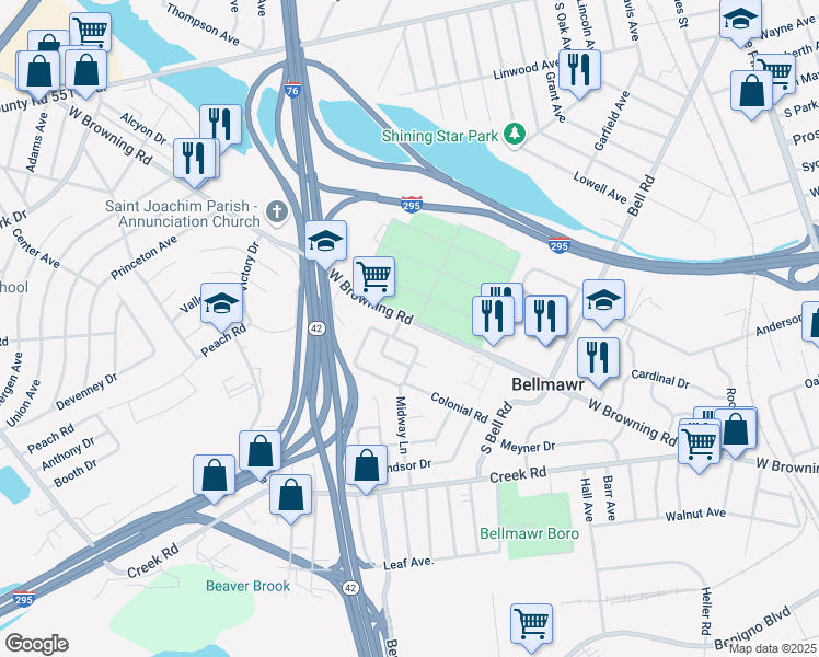 map of restaurants, bars, coffee shops, grocery stores, and more near 452 West Browning Road in Bellmawr