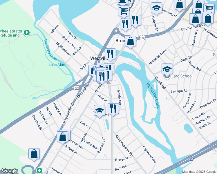 map of restaurants, bars, coffee shops, grocery stores, and more near 102 Delsea Drive in Westville