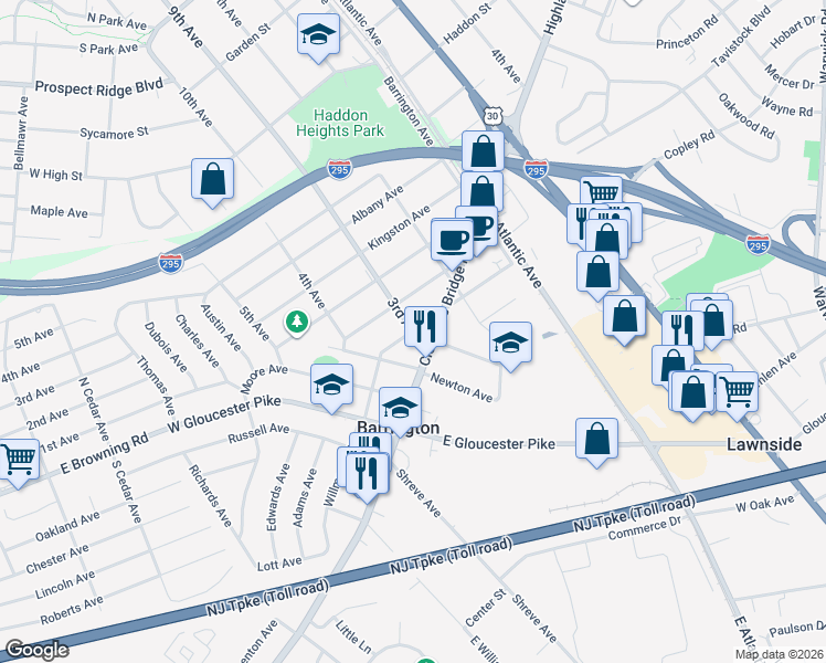 map of restaurants, bars, coffee shops, grocery stores, and more near 3rd Avenue & Trenton Avenue in Barrington