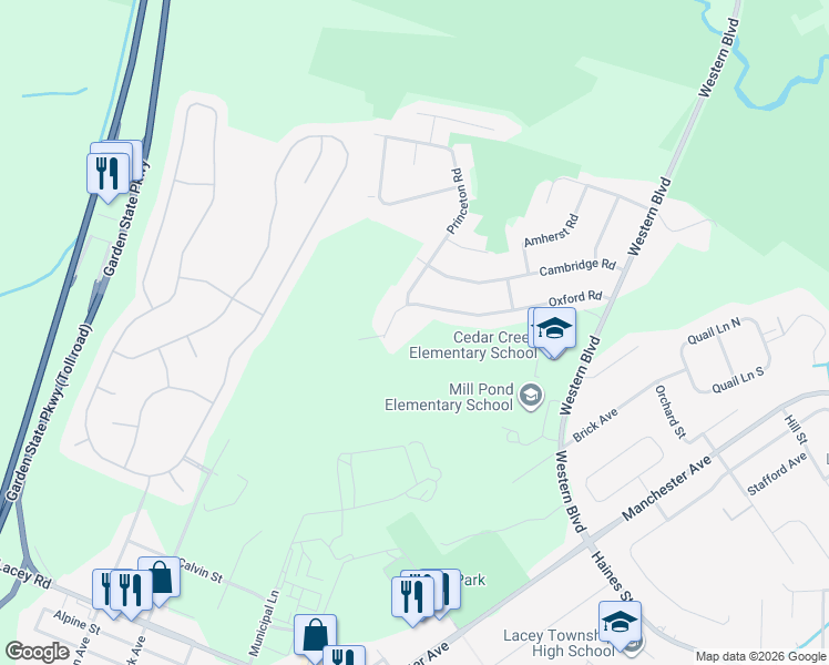 map of restaurants, bars, coffee shops, grocery stores, and more near 743 Oxford Road in Lacey Township