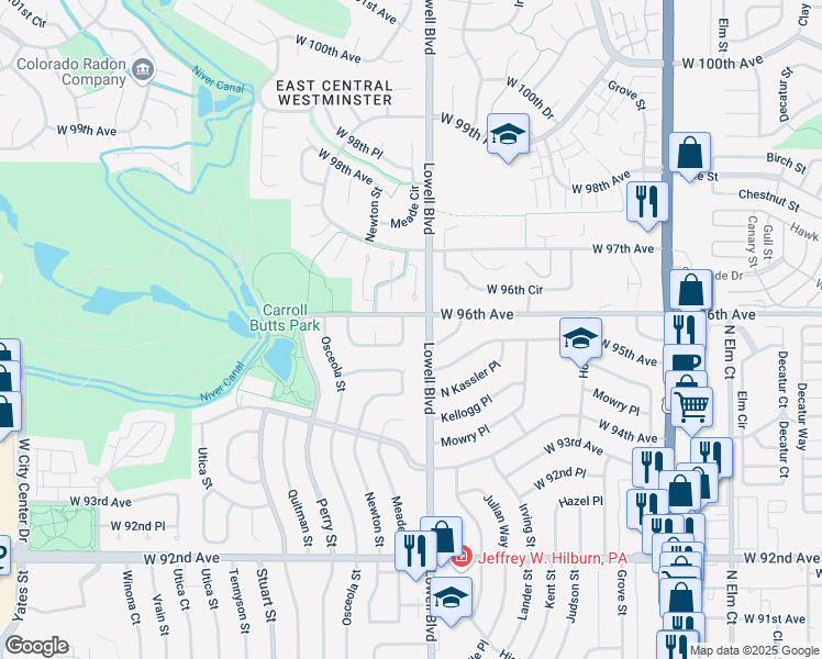 map of restaurants, bars, coffee shops, grocery stores, and more near 9580 Lowell Boulevard in Westminster