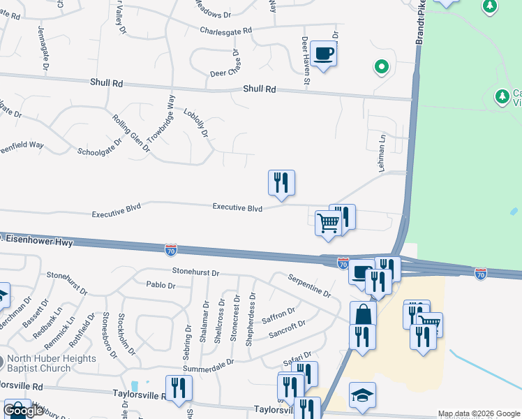 map of restaurants, bars, coffee shops, grocery stores, and more near 7000 Executive Boulevard in Dayton