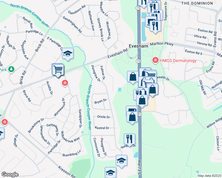 map of restaurants, bars, coffee shops, grocery stores, and more near 217 Glenview Court in Voorhees Township