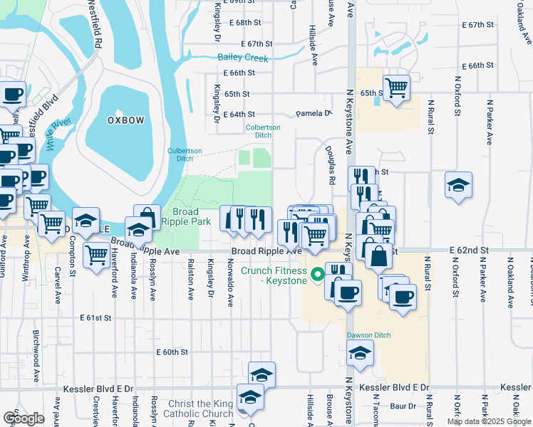 map of restaurants, bars, coffee shops, grocery stores, and more near 6240 Evanston Avenue in Indianapolis