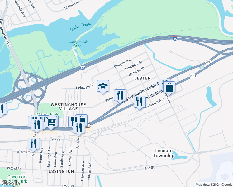 map of restaurants, bars, coffee shops, grocery stores, and more near 117 Seneca Street in Tinicum Township