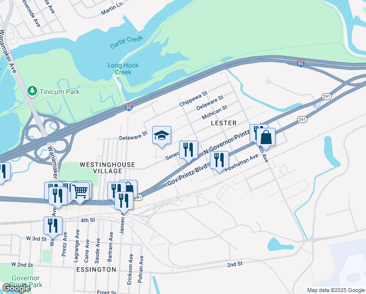map of restaurants, bars, coffee shops, grocery stores, and more near 117 Seneca Street in Tinicum Township