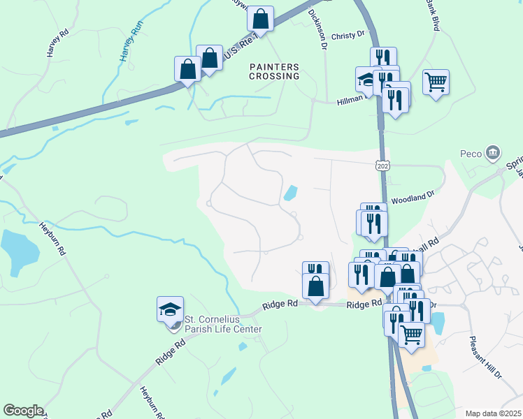 map of restaurants, bars, coffee shops, grocery stores, and more near 13 Poplar Road in Chadds Ford
