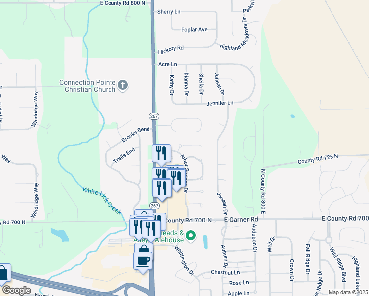map of restaurants, bars, coffee shops, grocery stores, and more near 79 Carriage Lake Drive in Brownsburg