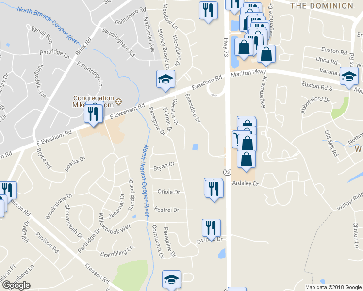 map of restaurants, bars, coffee shops, grocery stores, and more near 217 Glenview Court in Voorhees Township