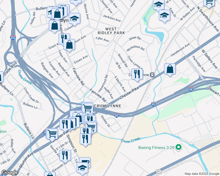 map of restaurants, bars, coffee shops, grocery stores, and more near 1200a Holland Street in Crum Lynne