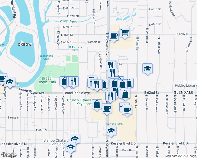map of restaurants, bars, coffee shops, grocery stores, and more near 6250 Mckinley Court in Indianapolis