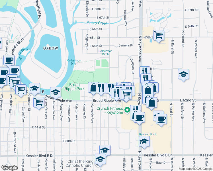 map of restaurants, bars, coffee shops, grocery stores, and more near 6240 Evanston Avenue in Indianapolis