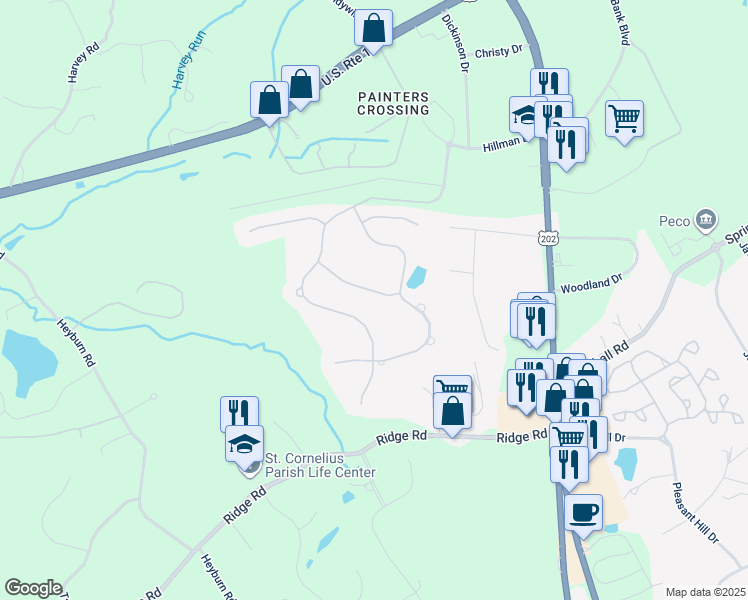 map of restaurants, bars, coffee shops, grocery stores, and more near 13 Poplar Road in Chadds Ford