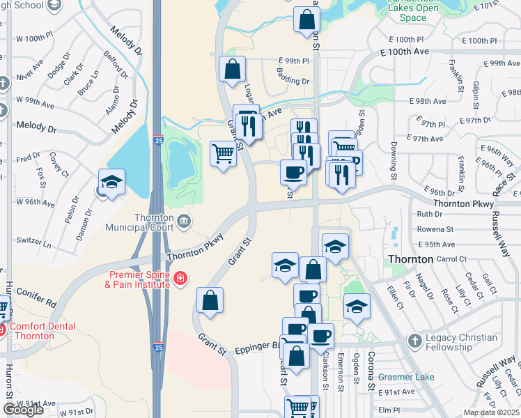 map of restaurants, bars, coffee shops, grocery stores, and more near 698 Thornton Parkway in Thornton