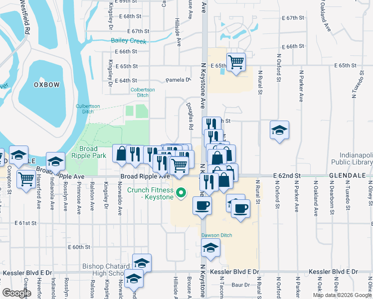 map of restaurants, bars, coffee shops, grocery stores, and more near 6250 Mckinley Court in Indianapolis