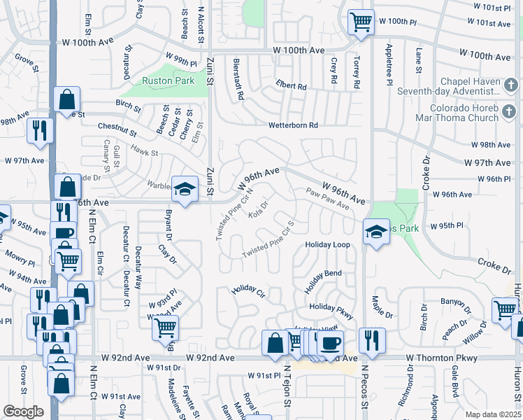map of restaurants, bars, coffee shops, grocery stores, and more near Kola Drive in Thornton