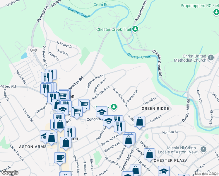 map of restaurants, bars, coffee shops, grocery stores, and more near 214 Robin Hood Lane in Aston