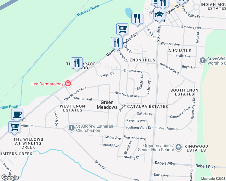 map of restaurants, bars, coffee shops, grocery stores, and more near 4071 Raymond Drive in Enon