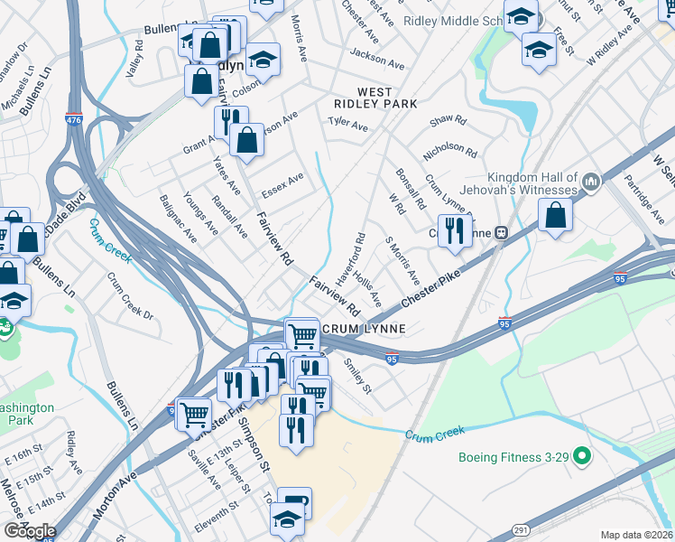 map of restaurants, bars, coffee shops, grocery stores, and more near 220 Fairview Road in Crum Lynne