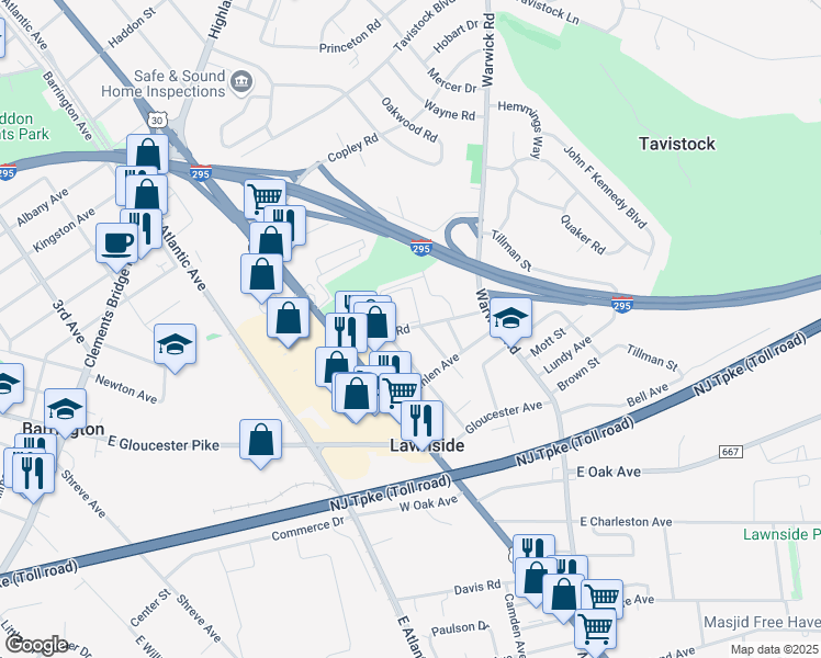 map of restaurants, bars, coffee shops, grocery stores, and more near 233 Thomas Avenue South in Lawnside