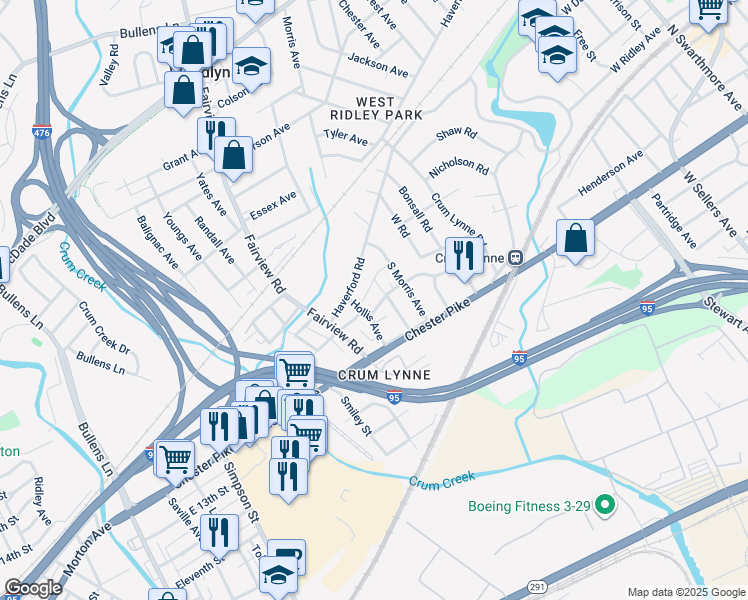 map of restaurants, bars, coffee shops, grocery stores, and more near 1200a Holland Street in Crum Lynne