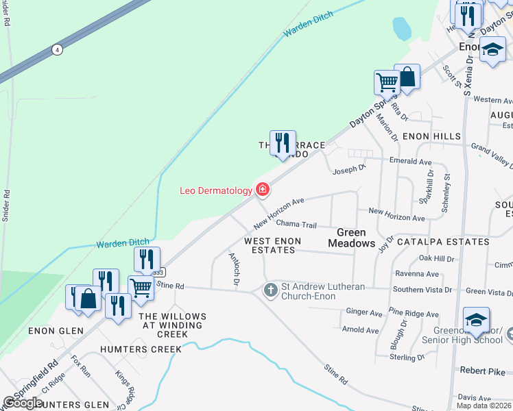 map of restaurants, bars, coffee shops, grocery stores, and more near 7176 New Horizon Avenue in Enon