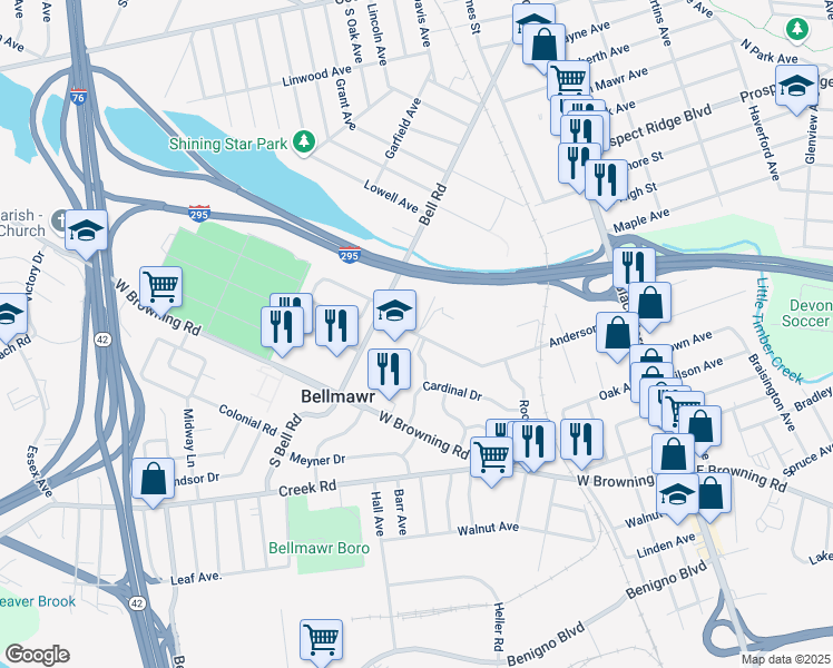 map of restaurants, bars, coffee shops, grocery stores, and more near 222 Anderson Avenue in Bellmawr