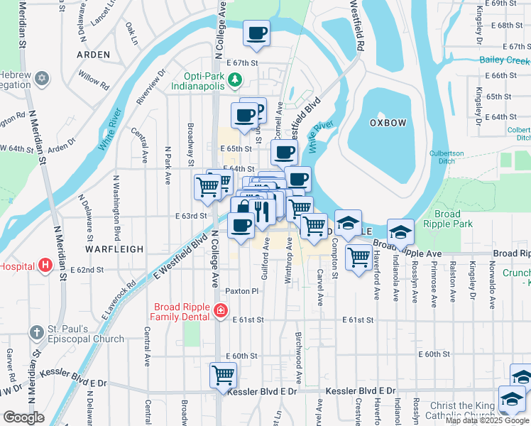 map of restaurants, bars, coffee shops, grocery stores, and more near 840 Broad Ripple Avenue in Indianapolis
