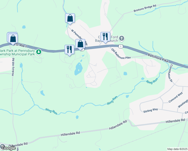 map of restaurants, bars, coffee shops, grocery stores, and more near 132 North Village Lane in Chadds Ford