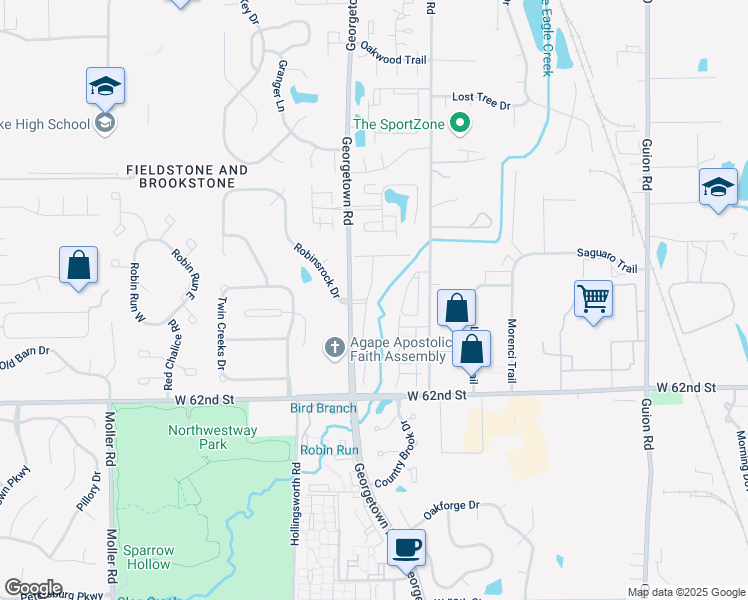 map of restaurants, bars, coffee shops, grocery stores, and more near 6335 Sandyside Drive South in Indianapolis