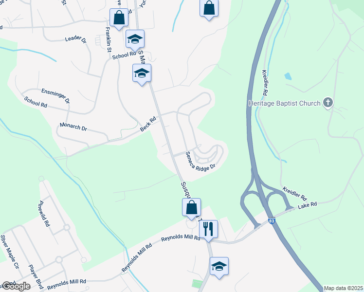 map of restaurants, bars, coffee shops, grocery stores, and more near 6848 Seneca Ridge Drive in York