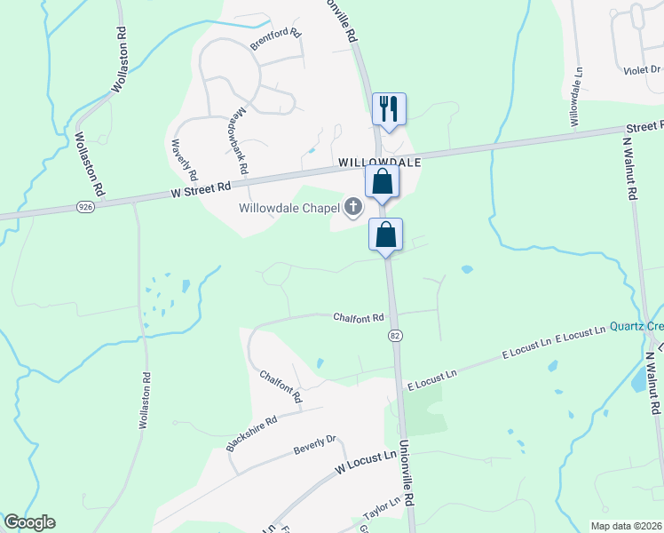 map of restaurants, bars, coffee shops, grocery stores, and more near 213 Lily Lane in Kennett Square
